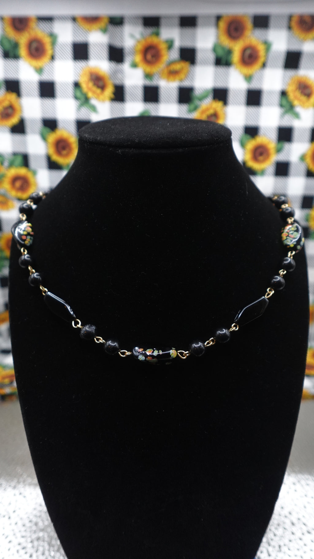 Vintage Black Bead-Link Necklace w/ abstract paint