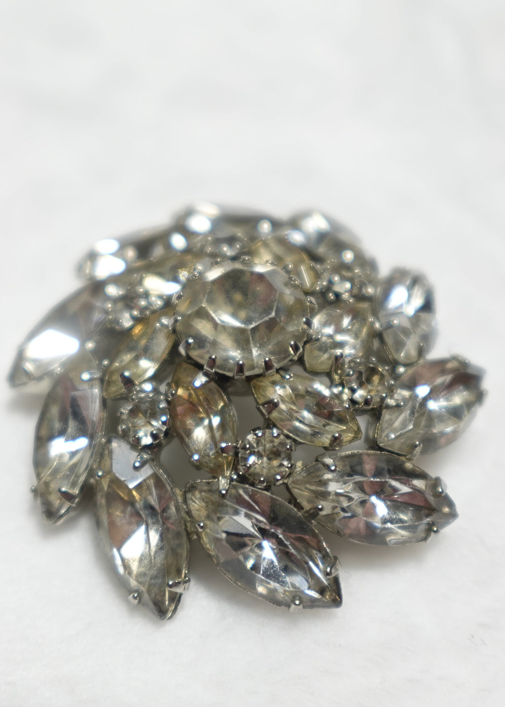 Vintage Silver Tone Round Costume Brooch w/Clear Crystals, 1.75”