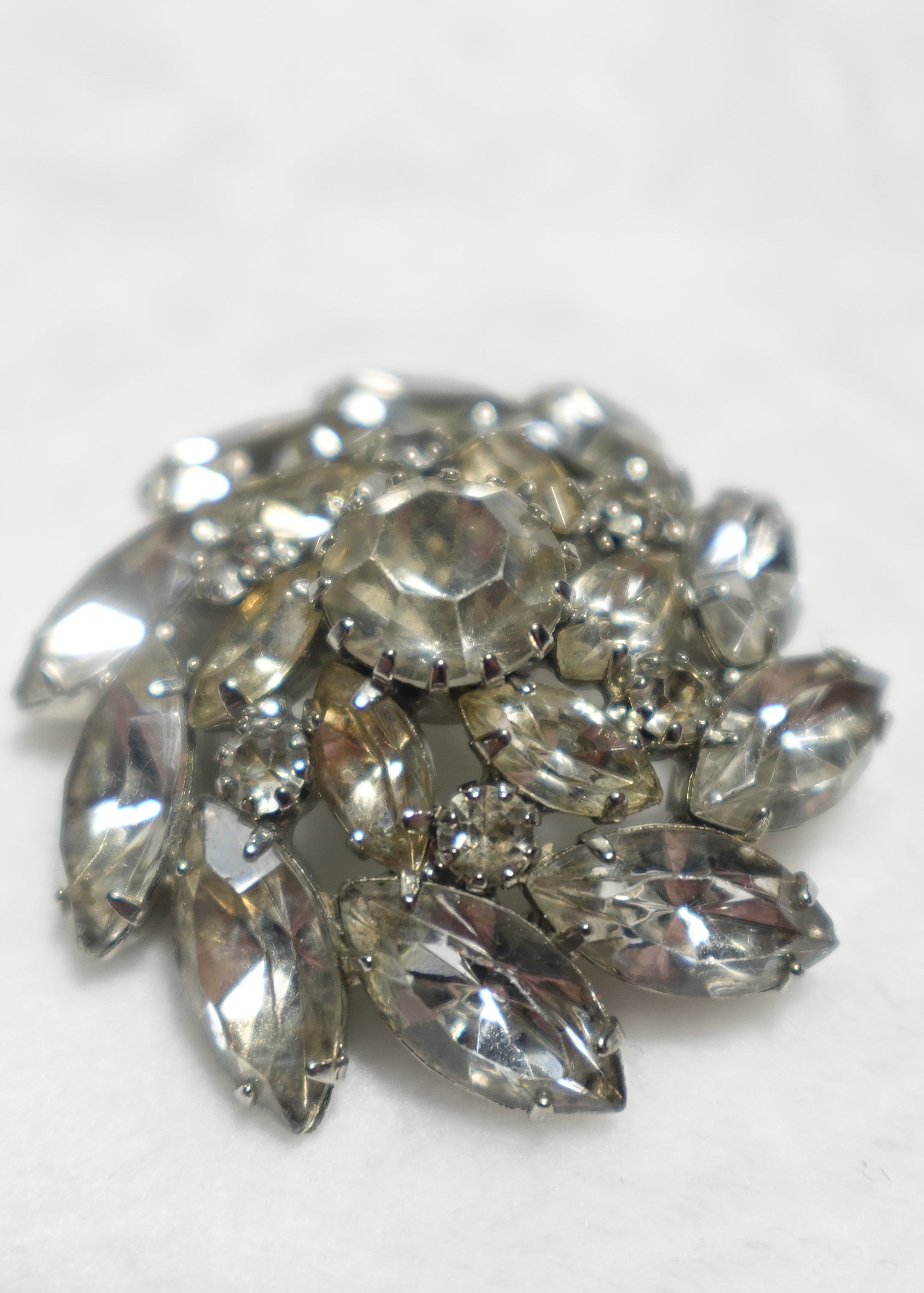 Vintage Silver Tone Round Costume Brooch w/Clear Crystals, 1.75”