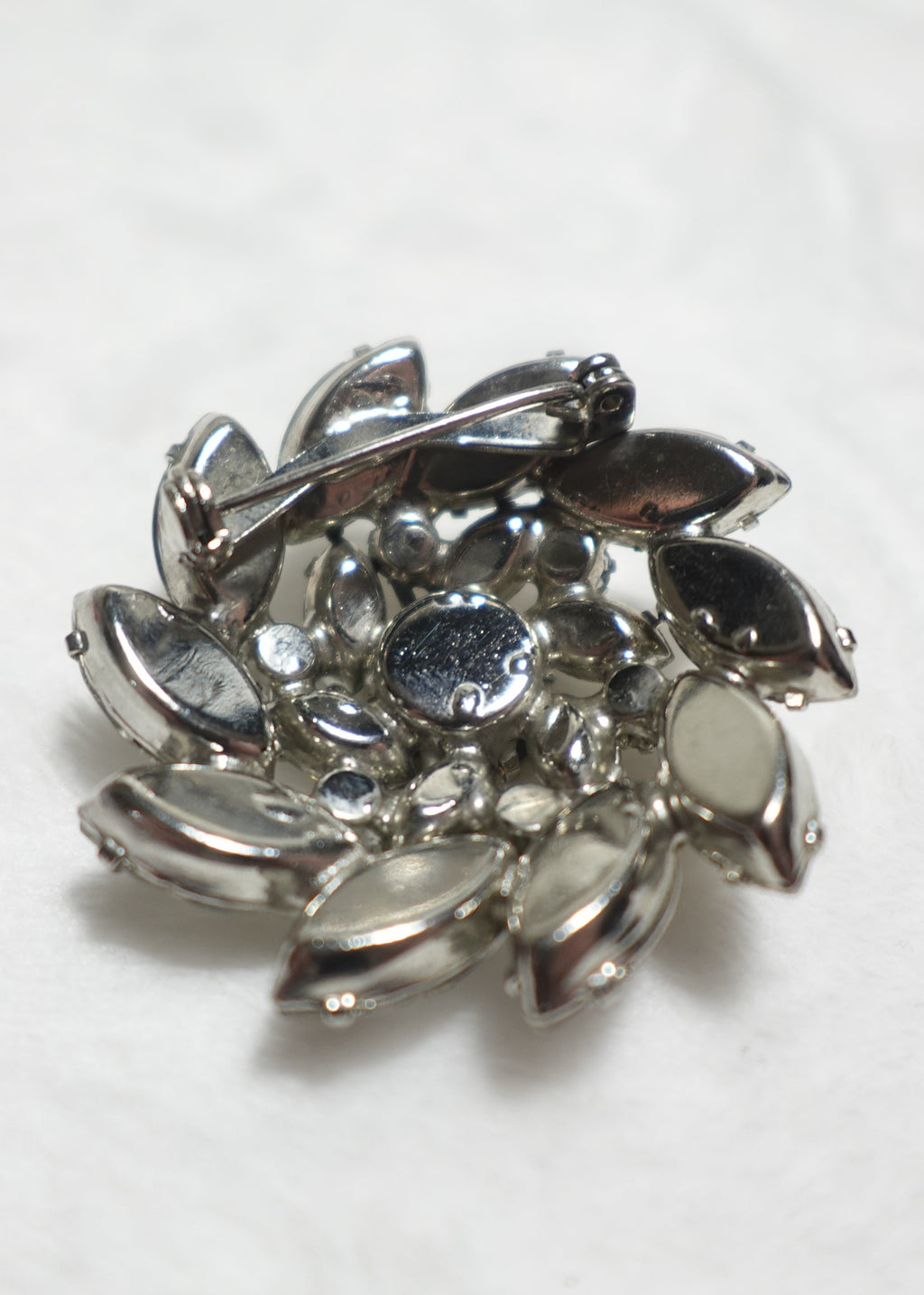Vintage Silver Tone Round Costume Brooch w/Clear Crystals, 1.75”