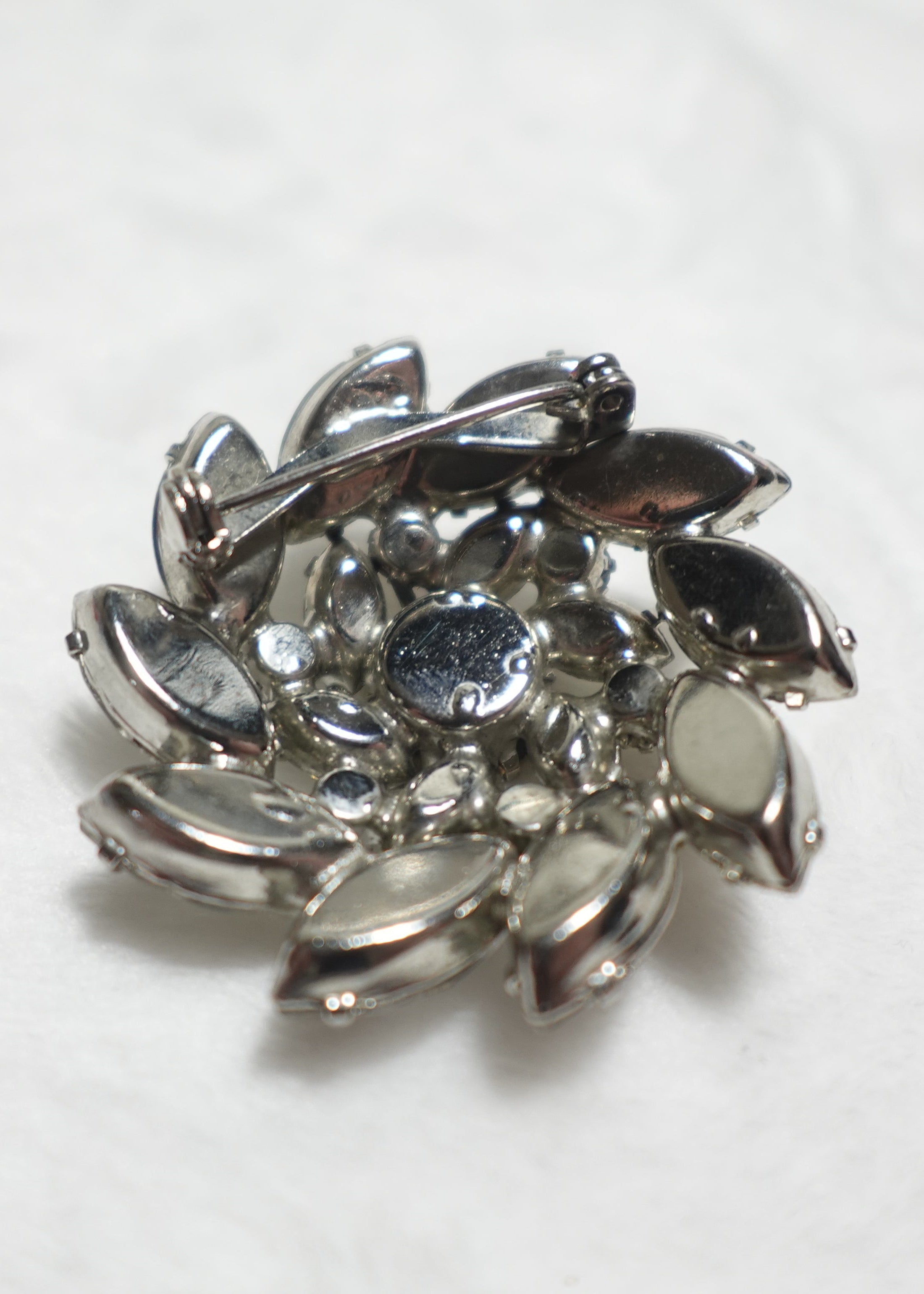 Vintage Silver Tone Round Costume Brooch w/Clear Crystals, 1.75”