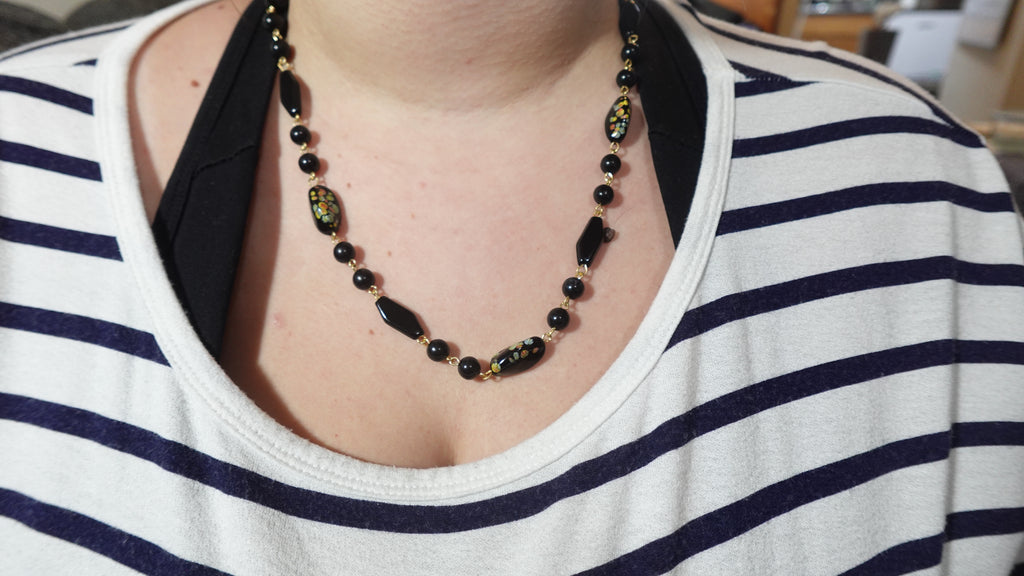 Vintage Black Bead-Link Necklace w/ abstract paint