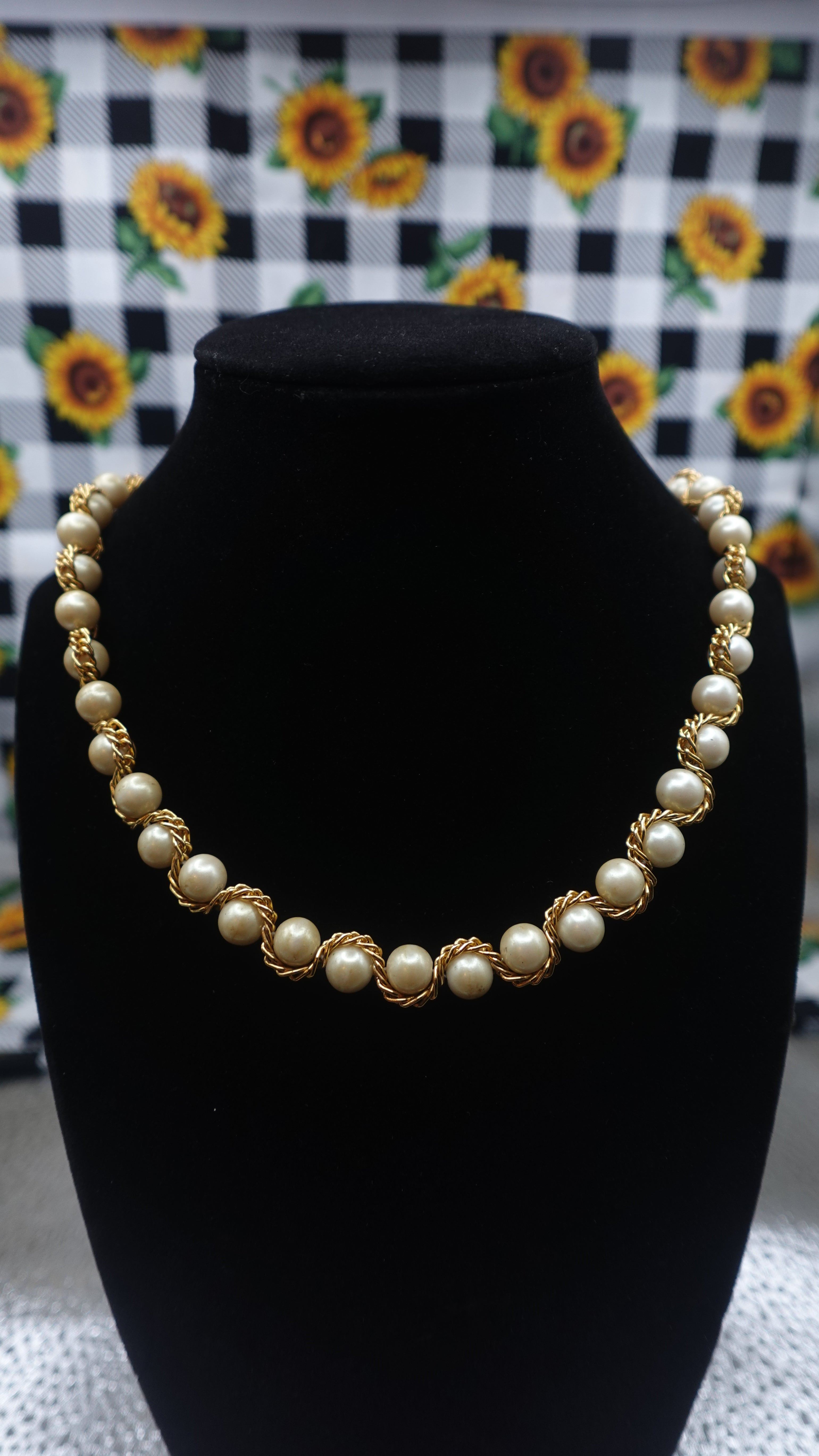 Vintage Gold Tone Chain Wrapped Champagne Faux-Pearl Necklace