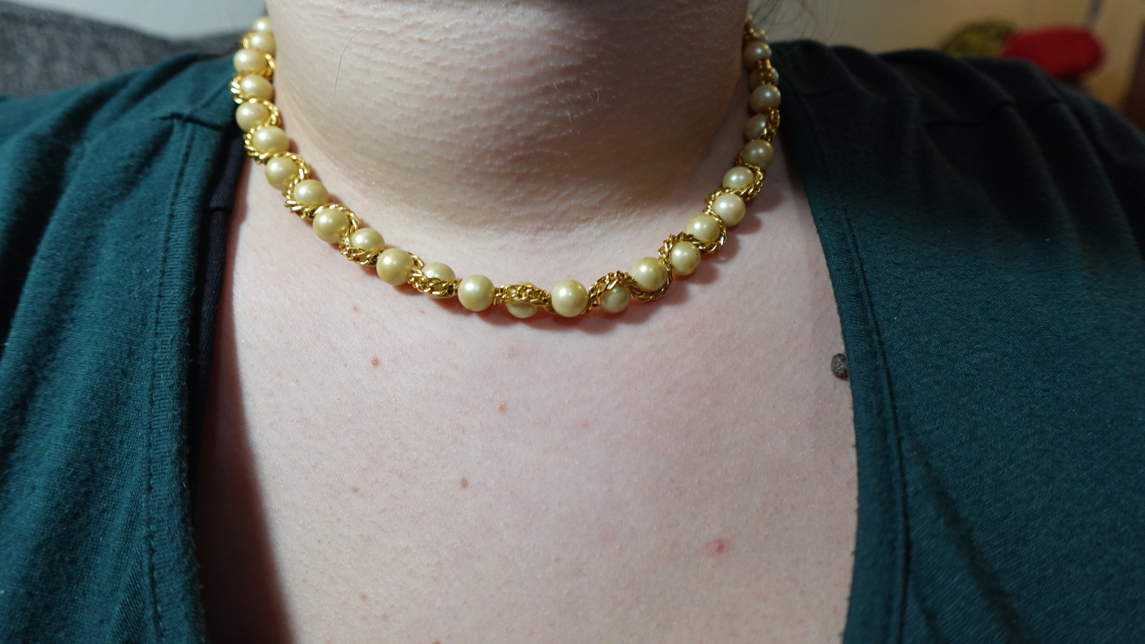 Vintage Gold Tone Chain Wrapped Champagne Faux-Pearl Necklace