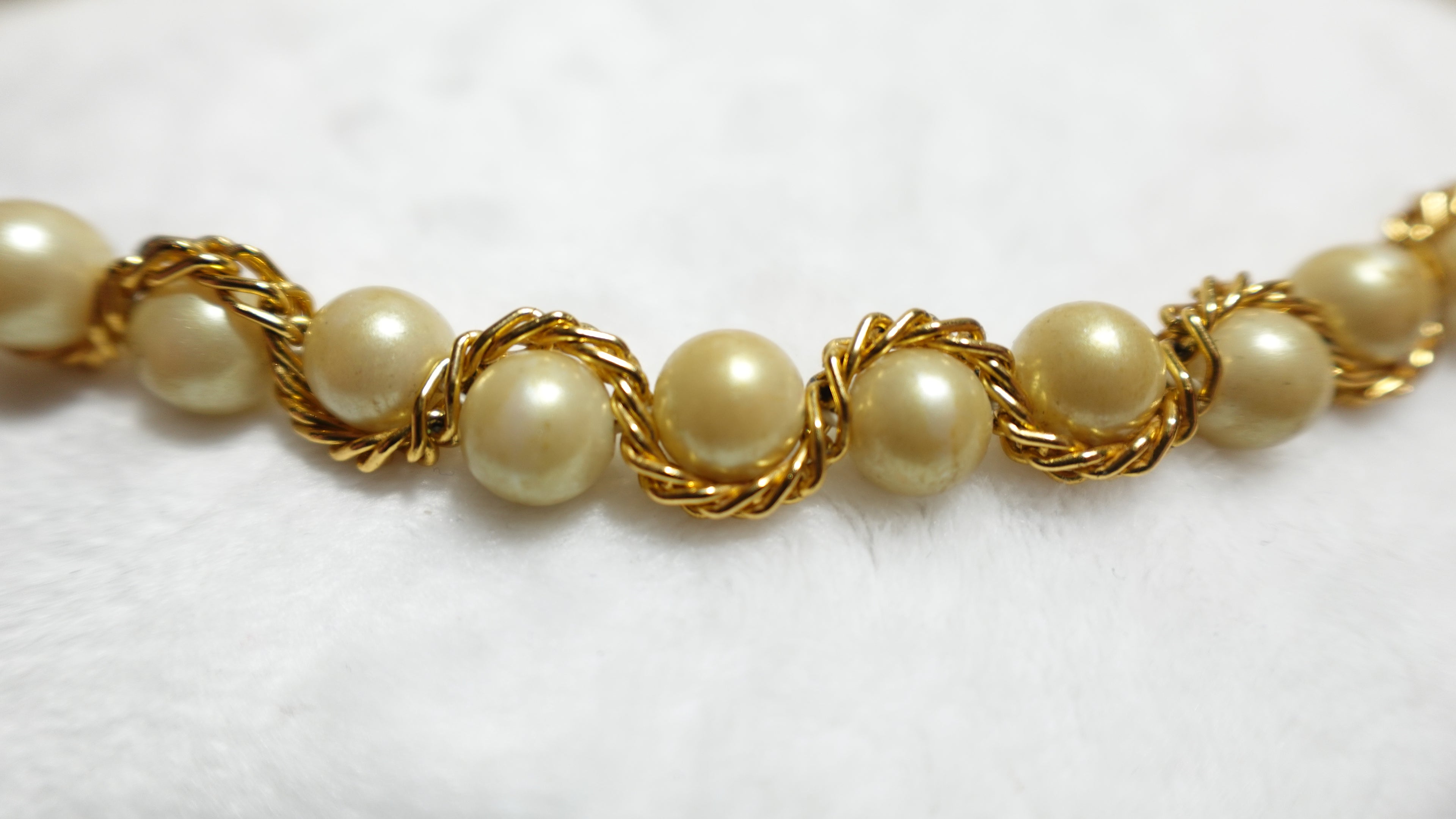 Vintage Gold Tone Chain Wrapped Champagne Faux-Pearl Necklace
