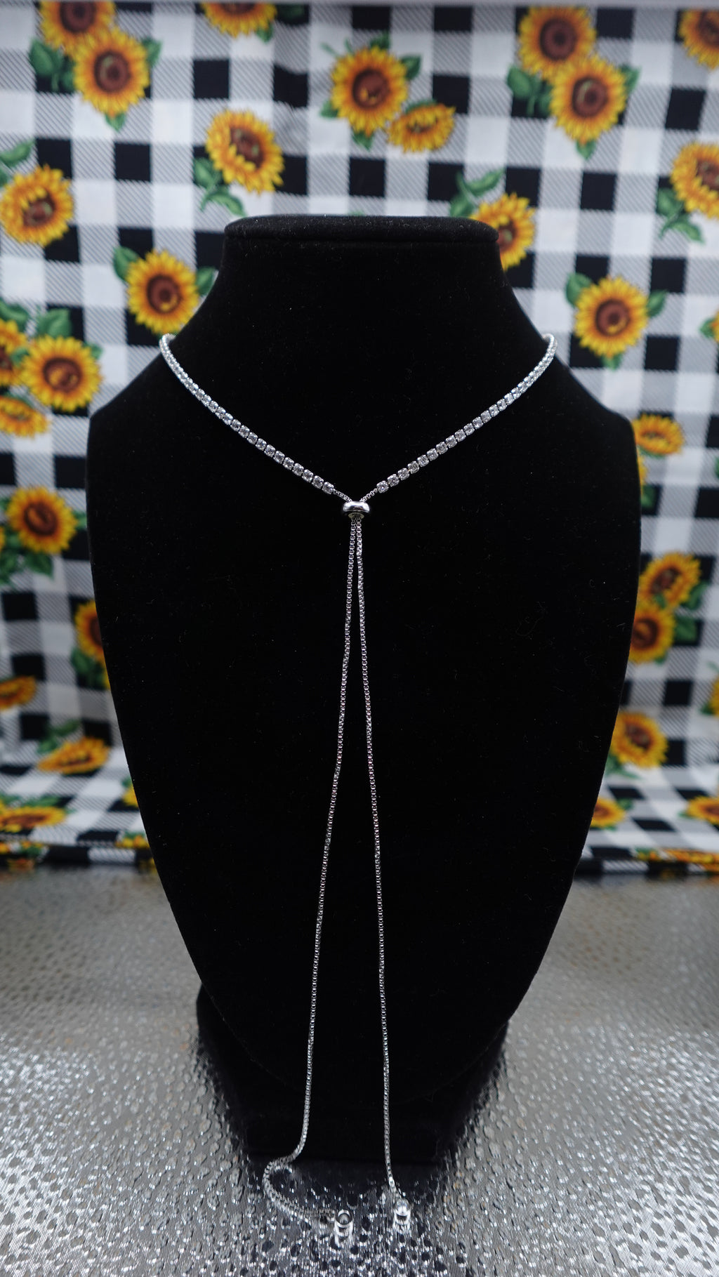 Silver Tone Rhinestone Bolo Necklace