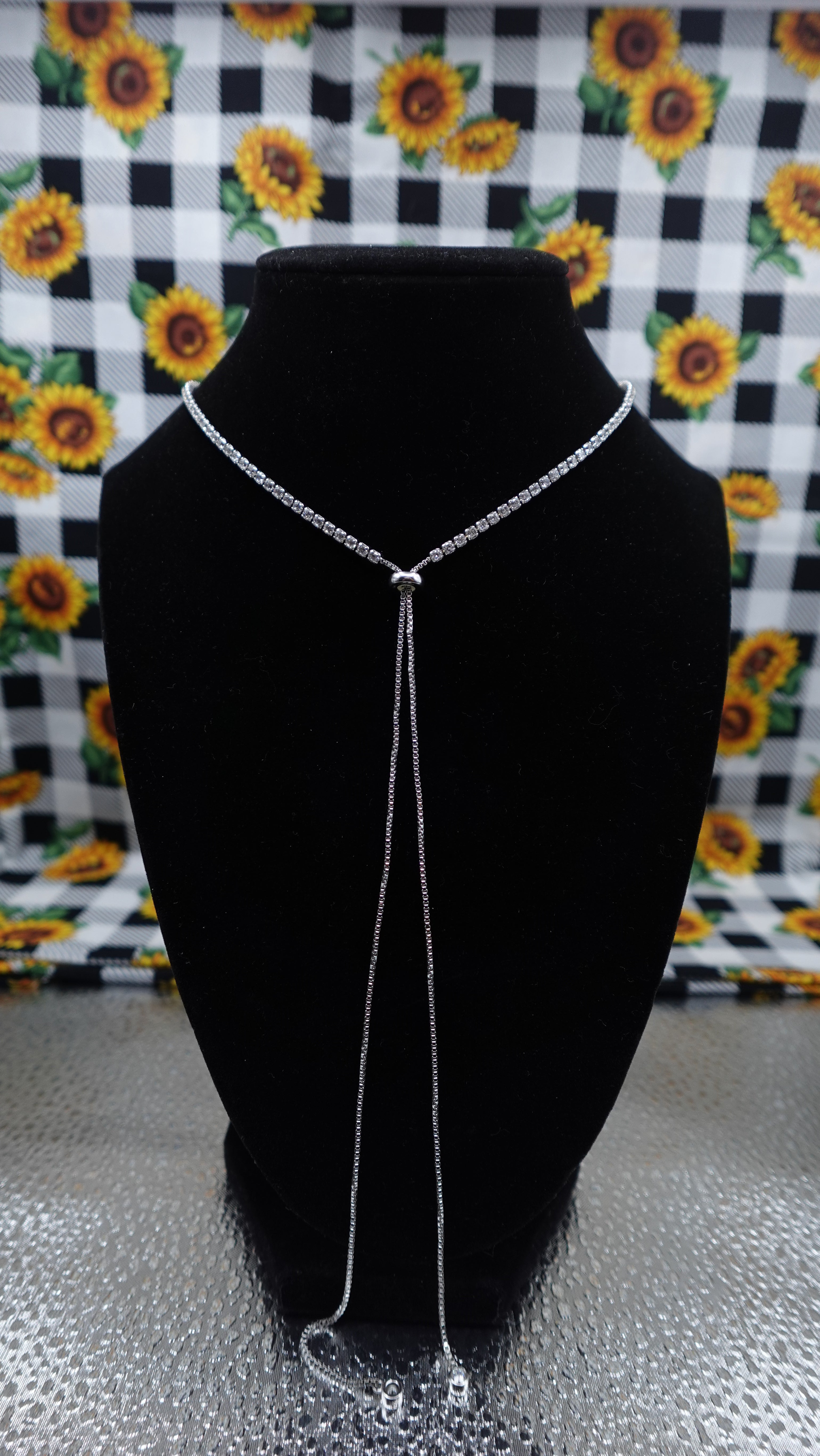 Silver Tone Rhinestone Bolo Necklace